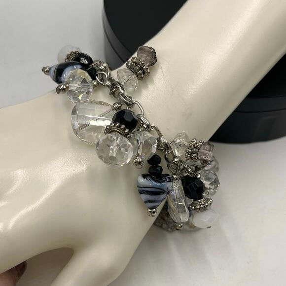 Black White Heart Art Glass Faceted Beads, Ab Beads Murano Cha Cha Bracelet - Picture 1 of 8